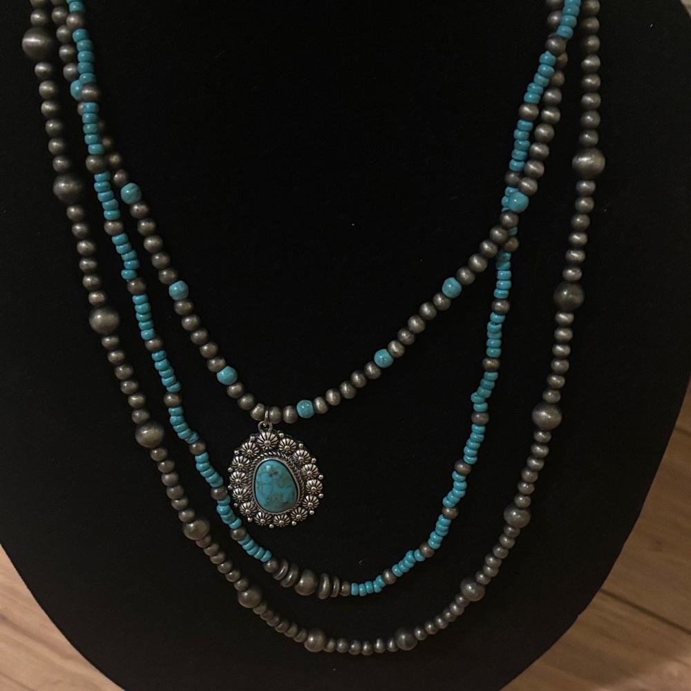 Turquoise and Silver Beaded Necklace